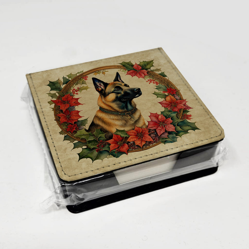 Belgian Malinois Christmas Flowers PU Leather Note Paper Holder with Artist-Designed Cover, Desk Accessory, Office Gift