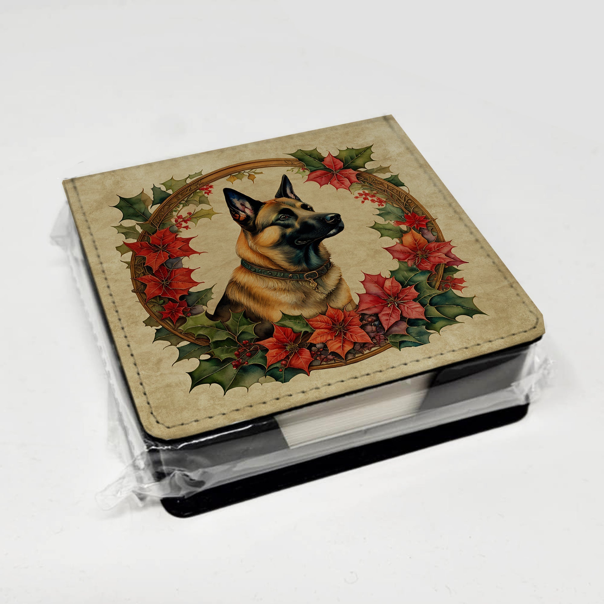 Belgian Malinois Christmas Flowers PU Leather Note Paper Holder with Artist-Designed Cover, Desk Accessory, Office Gift