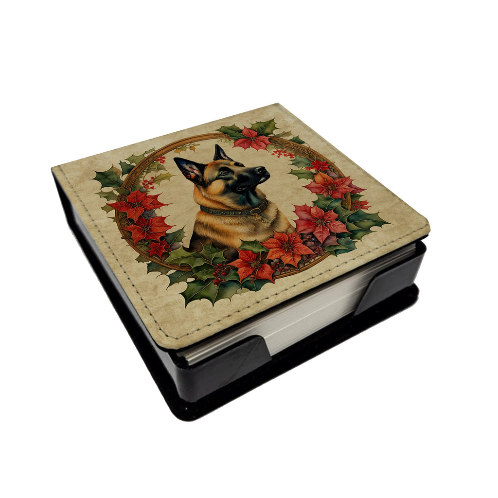 Belgian Malinois Christmas Flowers PU Leather Note Paper Holder with Artist-Designed Cover, Desk Accessory, Office Gift