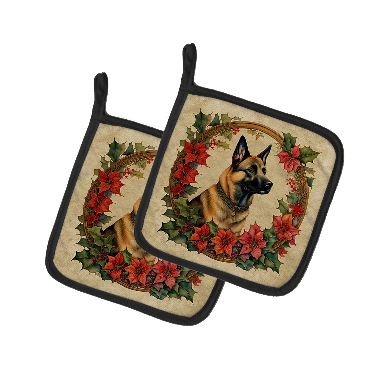 Belgian Malinois Christmas Flowers Pot Holder Set of 2 Heat Resistant Quilted Hot Pads 7.5 x 7.5 Inch, Insulated Kitchen Trivets for Cooking & Baking