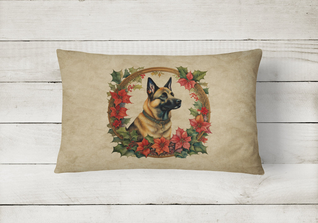 Belgian Malinois Christmas Flowers Decorative Throw Pillow 12x16 Indoor Outdoor Accent Cushion, Fabric Cover with Insert for Sofa, Bed, Porch & Living Room