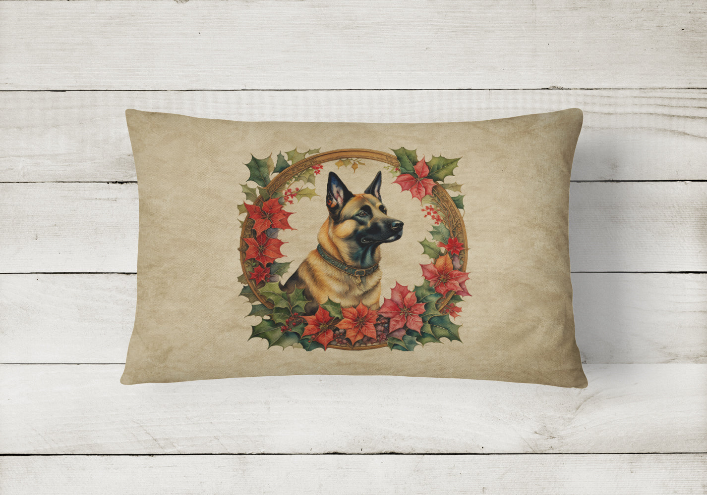 Belgian Malinois Christmas Flowers Decorative Throw Pillow 12x16 Indoor Outdoor Accent Cushion, Fabric Cover with Insert for Sofa, Bed, Porch & Living Room