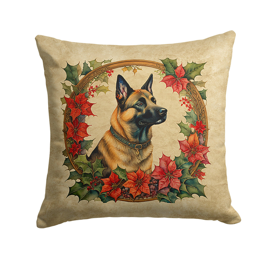 Belgian Malinois Christmas Flowers Decorative Throw Pillow 14x14 Indoor Outdoor Accent Cushion, Fabric Cover with Insert for Sofa, Bed, Porch & Living Room