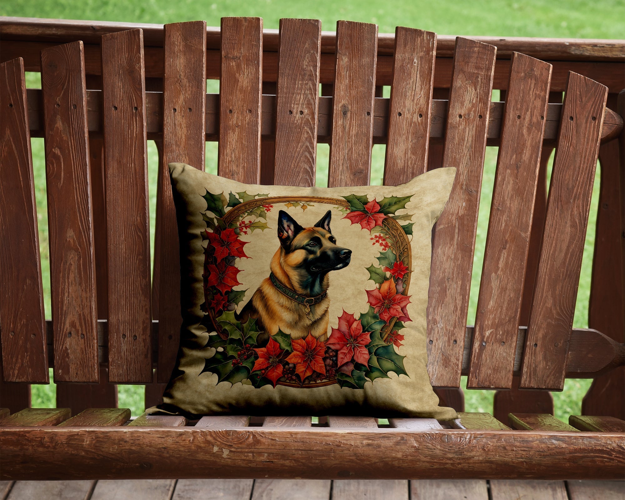 Belgian Malinois Christmas Flowers Decorative Throw Pillow 14x14 Indoor Outdoor Accent Cushion, Fabric Cover with Insert for Sofa, Bed, Porch & Living Room