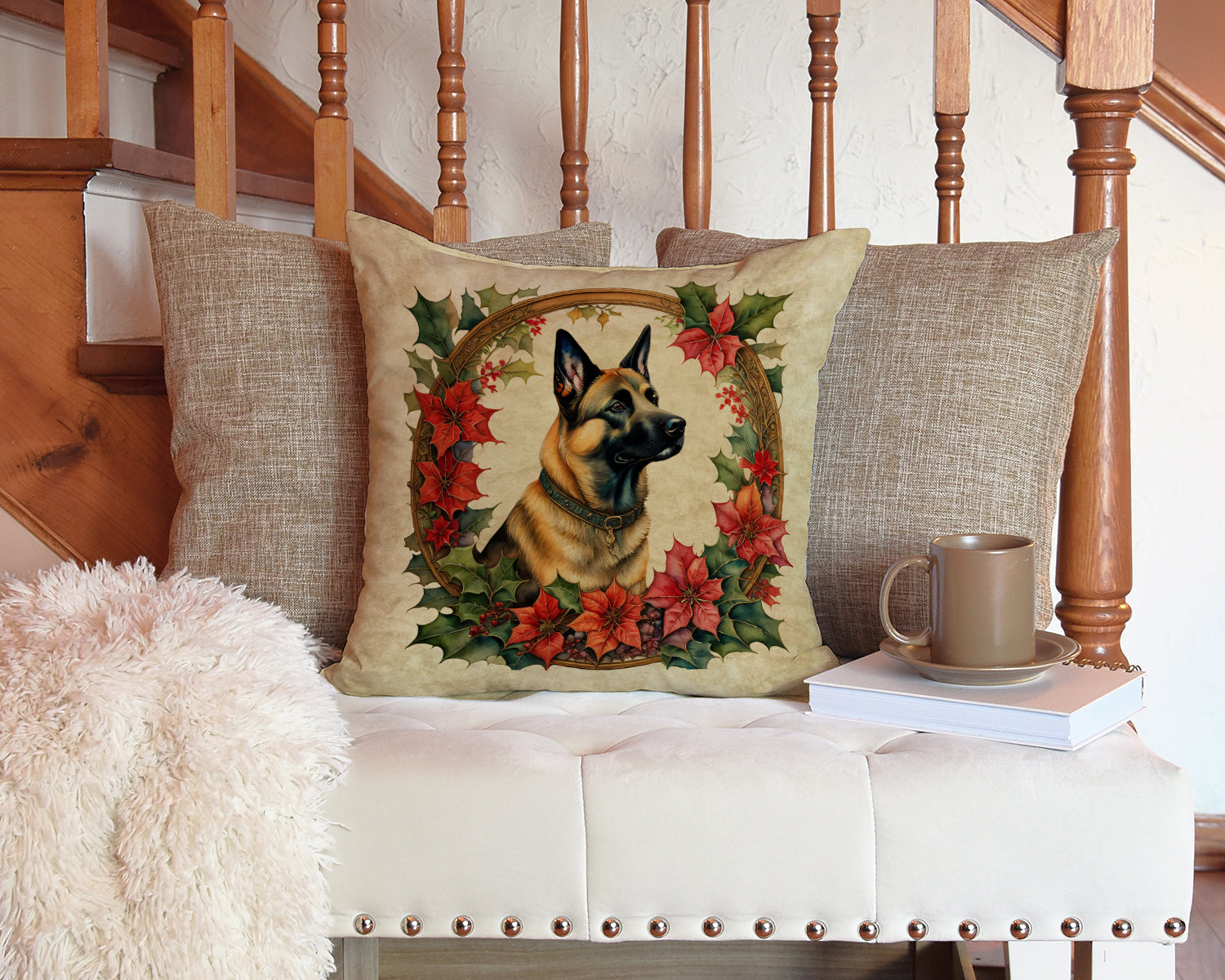 Belgian Malinois Christmas Flowers Decorative Throw Pillow 14x14 Indoor Outdoor Accent Cushion, Fabric Cover with Insert for Sofa, Bed, Porch & Living Room