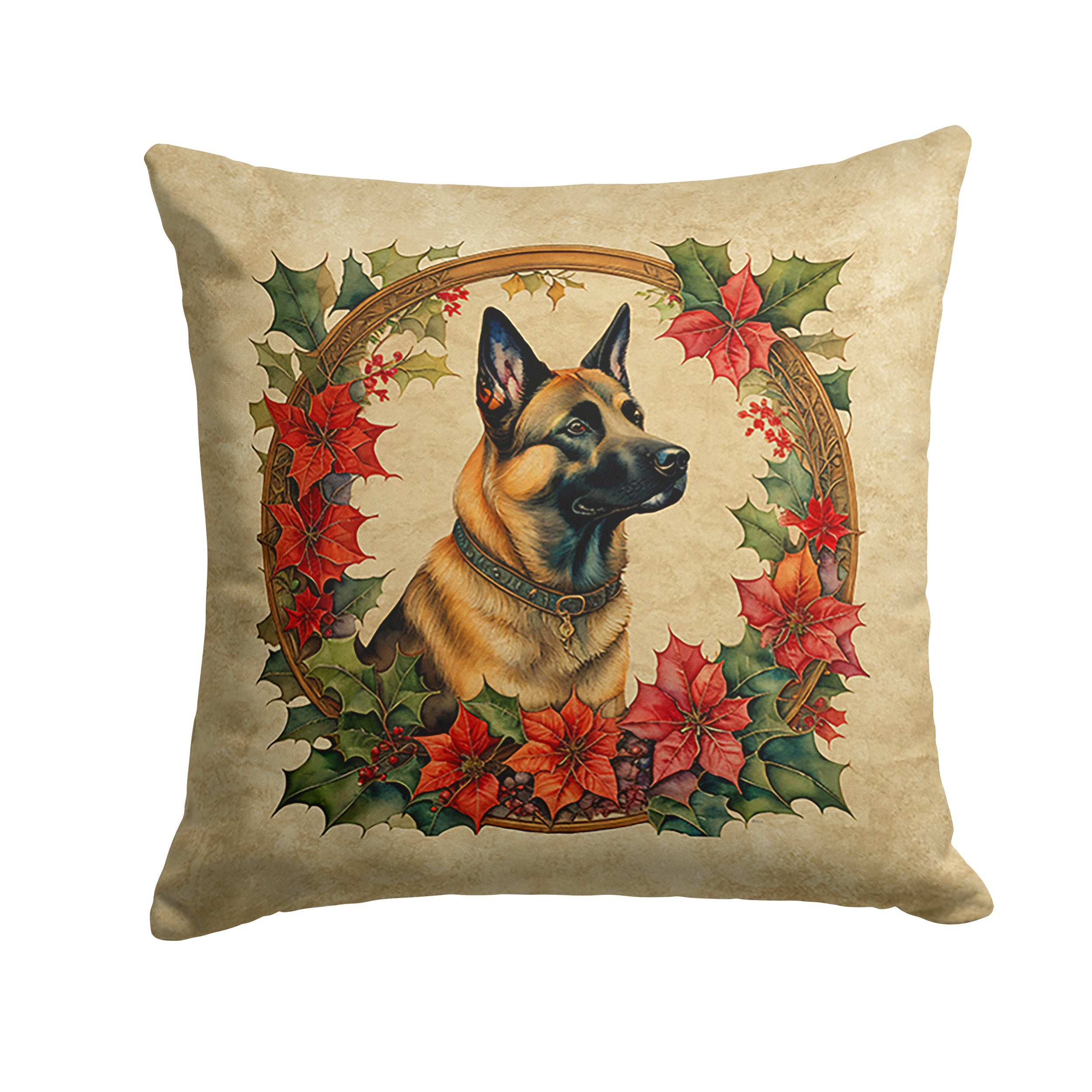 Belgian Malinois Christmas Flowers Decorative Throw Pillow 18x18 Indoor Outdoor Accent Cushion, Fabric Cover with Insert for Sofa, Bed, Porch & Living Room