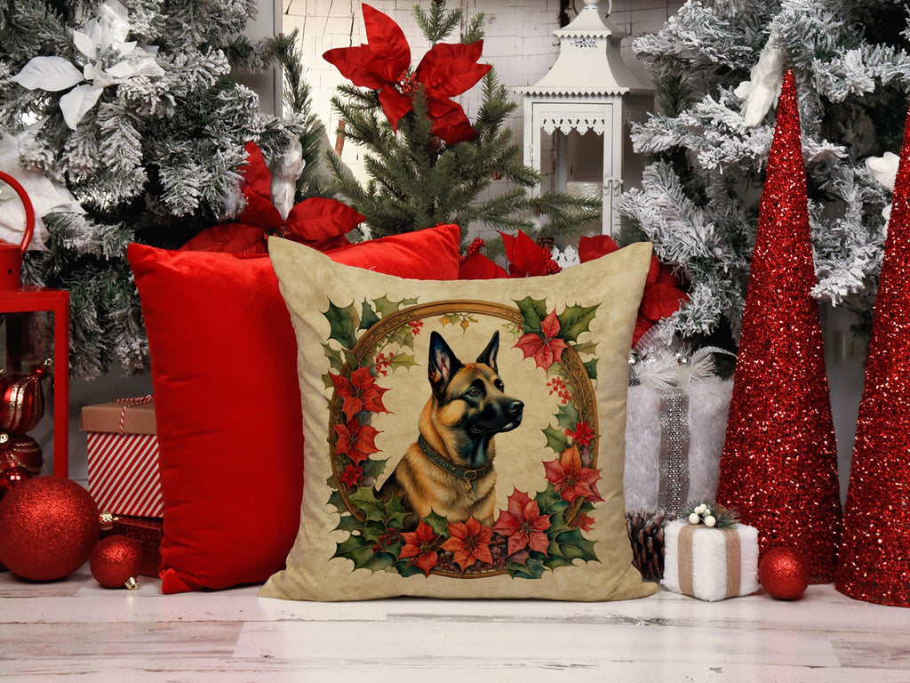 Belgian Malinois Christmas Flowers Decorative Throw Pillow 18x18 Indoor Outdoor Accent Cushion, Fabric Cover with Insert for Sofa, Bed, Porch & Living Room