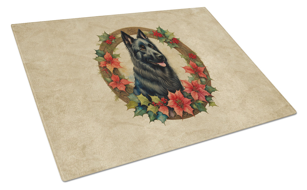 Belgian Sheepdog Christmas Flowers Cutting Board Tempered Glass Kitchen Cutting Surface, Heat Resistant Chopping, Non-Slip Feet, Food Prep & Serving
