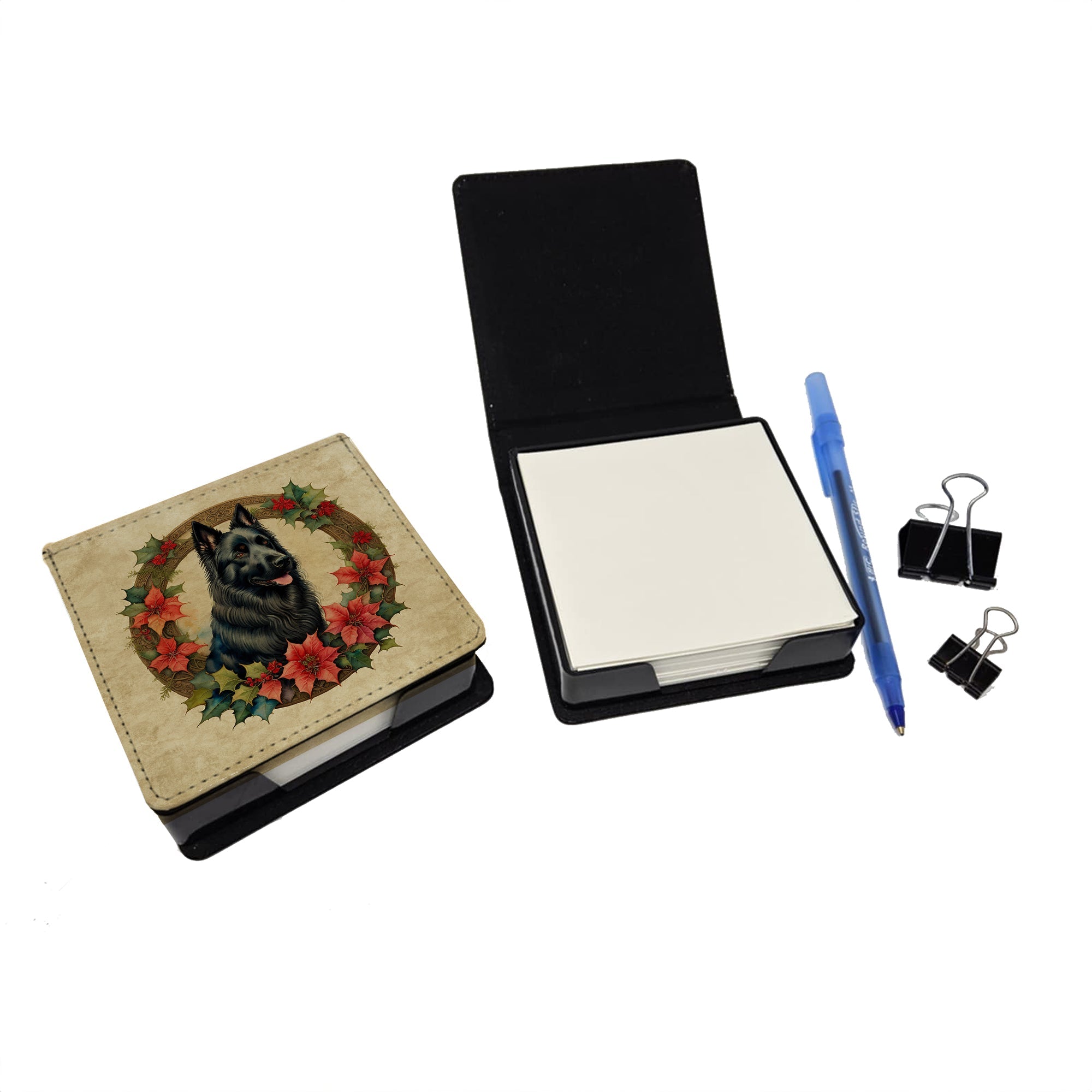 Belgian Sheepdog Christmas Flowers PU Leather Note Paper Holder with Artist-Designed Cover, Desk Accessory, Office Gift