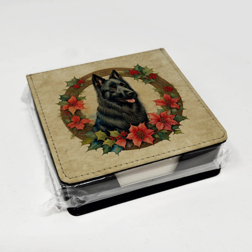 Belgian Sheepdog Christmas Flowers PU Leather Note Paper Holder with Artist-Designed Cover, Desk Accessory, Office Gift
