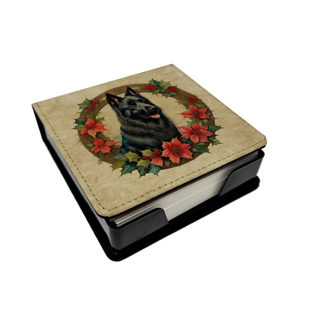 Belgian Sheepdog Christmas Flowers PU Leather Note Paper Holder with Artist-Designed Cover, Desk Accessory, Office Gift