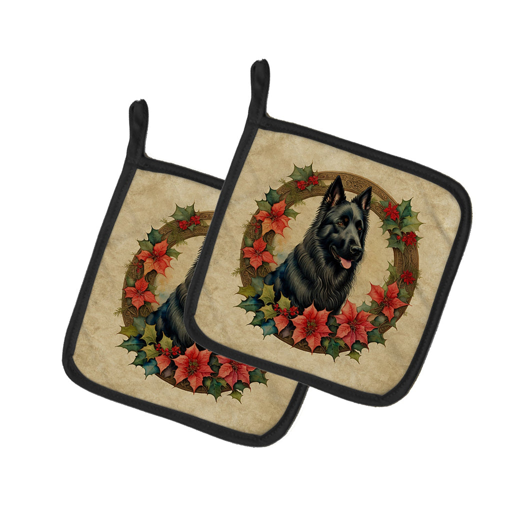 Belgian Sheepdog Christmas Flowers Pot Holder Set of 2 Heat Resistant Quilted Hot Pads 7.5 x 7.5 Inch, Insulated Kitchen Trivets for Cooking & Baking
