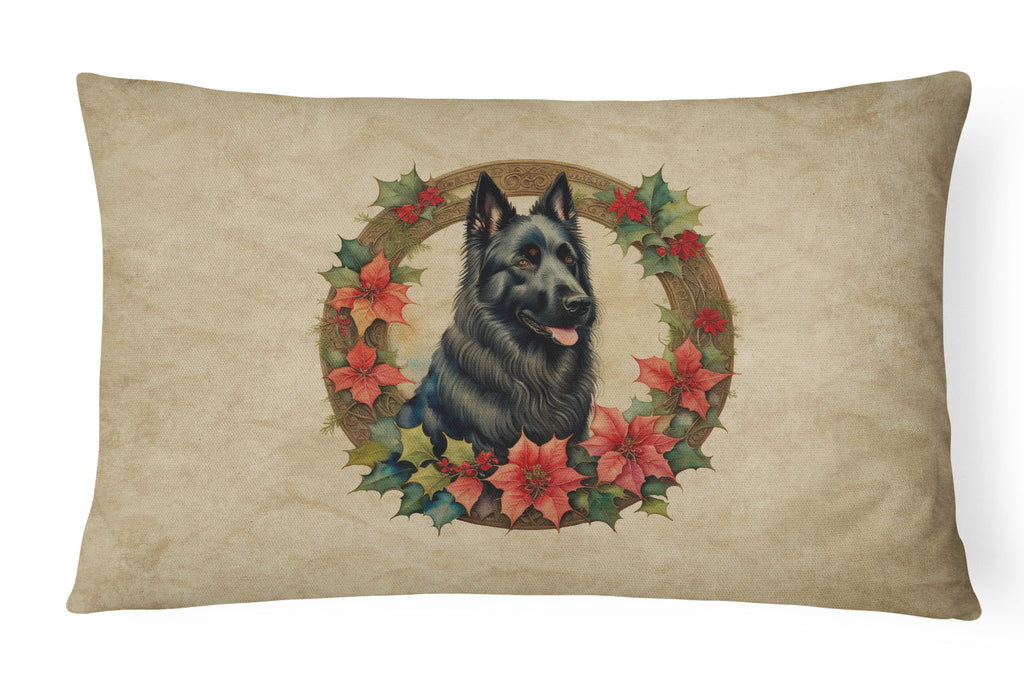 Belgian Sheepdog Christmas Flowers Decorative Throw Pillow 12x16 Indoor Outdoor Accent Cushion, Fabric Cover with Insert for Sofa, Bed, Porch & Living Room
