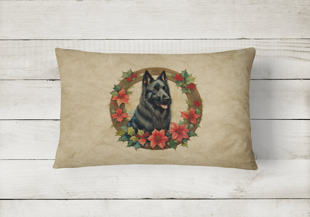 Belgian Sheepdog Christmas Flowers Decorative Throw Pillow 12x16 Indoor Outdoor Accent Cushion, Fabric Cover with Insert for Sofa, Bed, Porch & Living Room