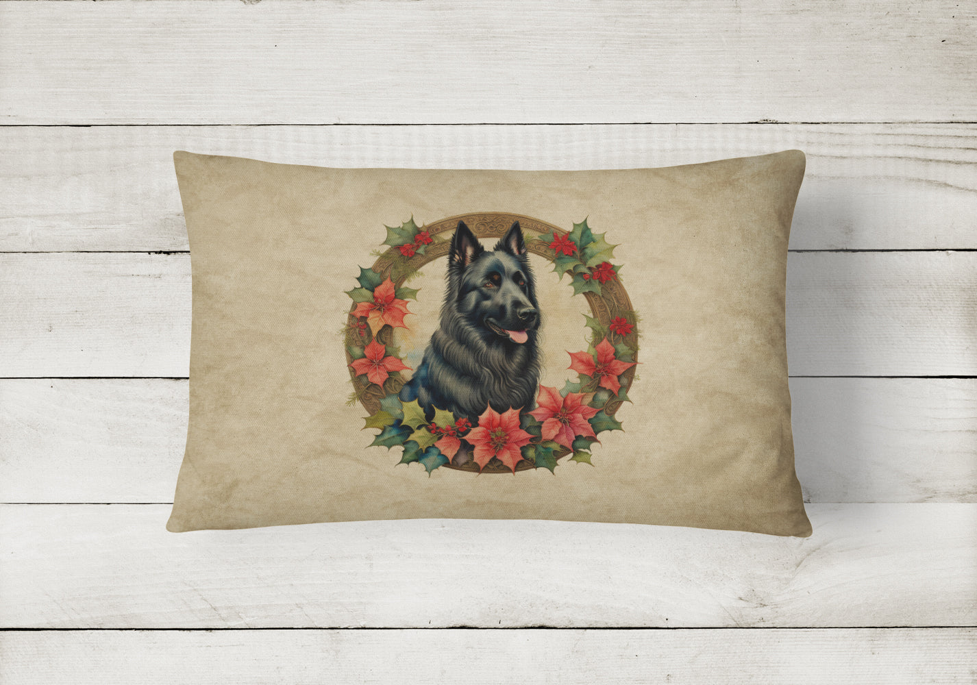 Belgian Sheepdog Christmas Flowers Decorative Throw Pillow 12x16 Indoor Outdoor Accent Cushion, Fabric Cover with Insert for Sofa, Bed, Porch & Living Room