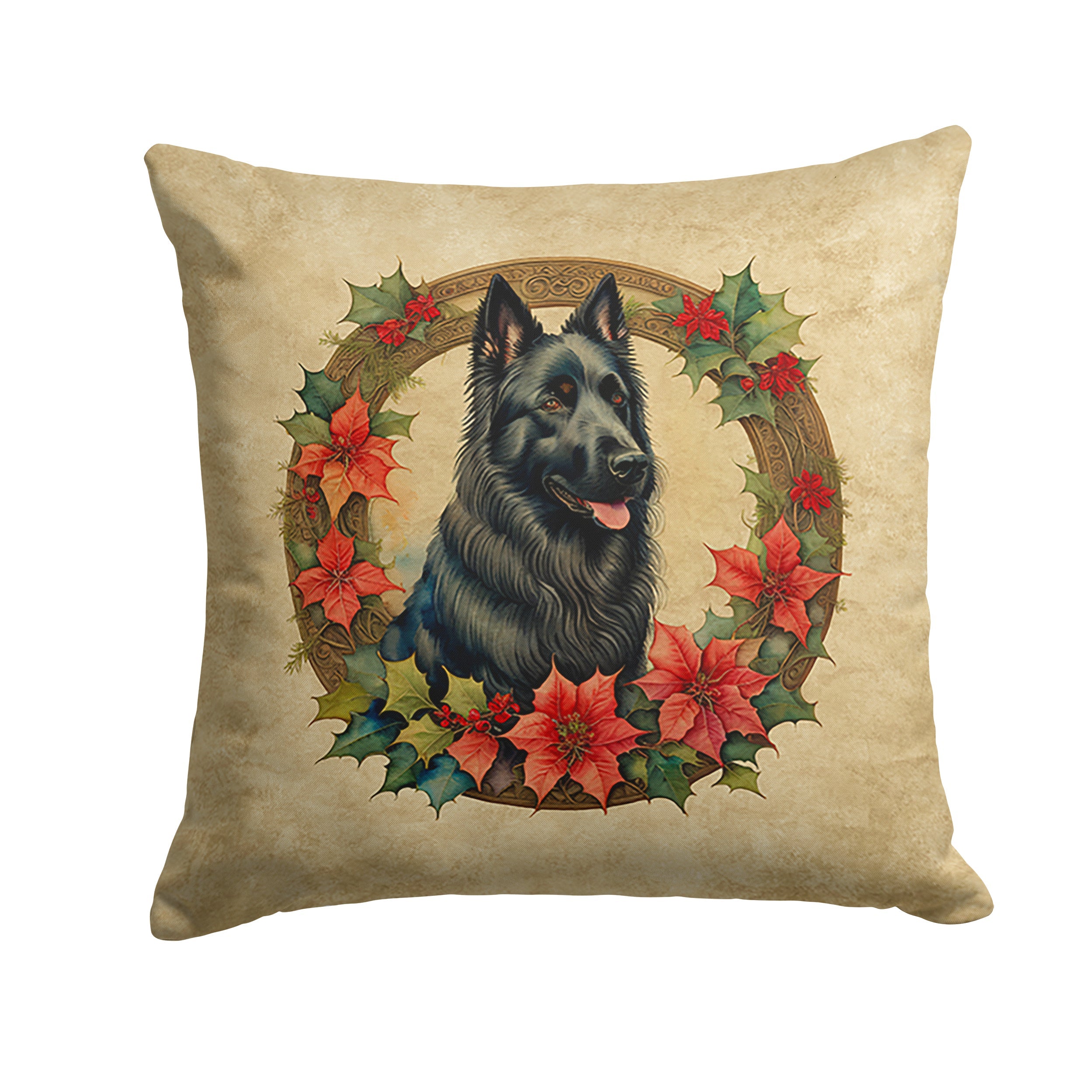 Belgian Sheepdog Christmas Flowers Decorative Throw Pillow 14x14 Indoor Outdoor Accent Cushion, Fabric Cover with Insert for Sofa, Bed, Porch & Living Room