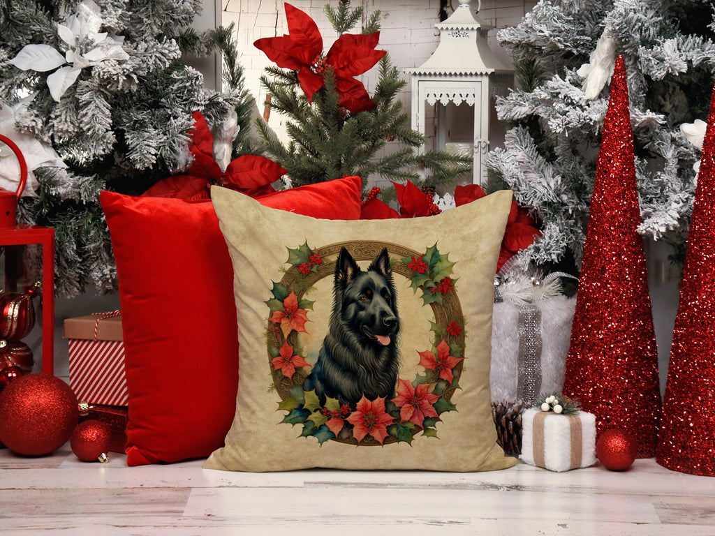 Belgian Sheepdog Christmas Flowers Decorative Throw Pillow 18x18 Indoor Outdoor Accent Cushion, Fabric Cover with Insert for Sofa, Bed, Porch & Living Room