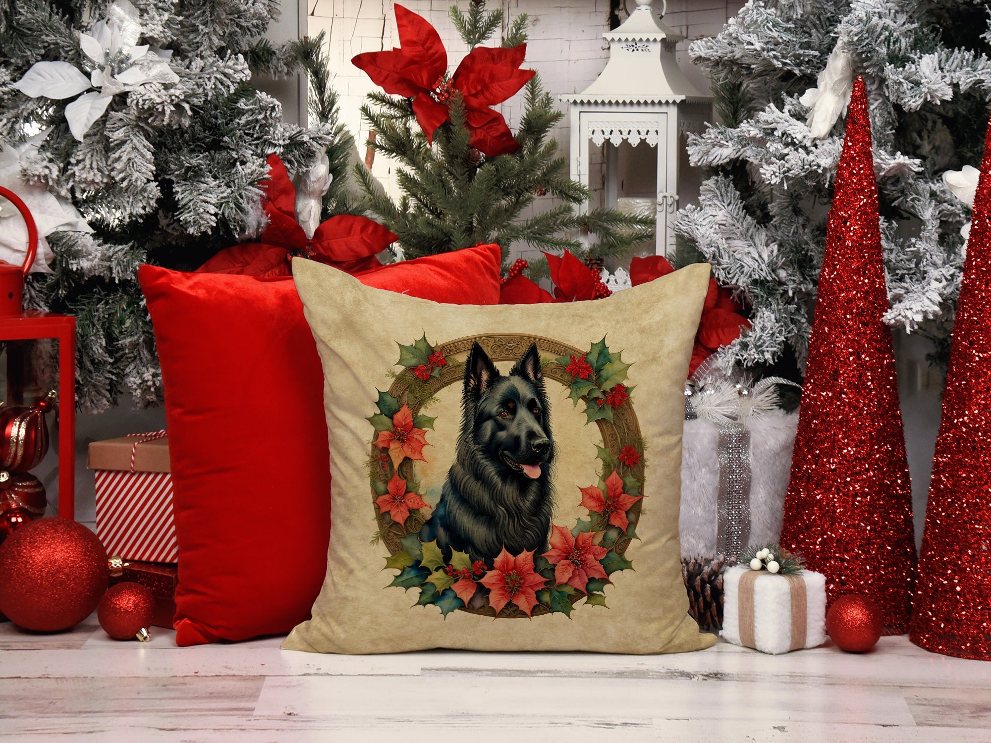 Belgian Sheepdog Christmas Flowers Decorative Throw Pillow 18x18 Indoor Outdoor Accent Cushion, Fabric Cover with Insert for Sofa, Bed, Porch & Living Room