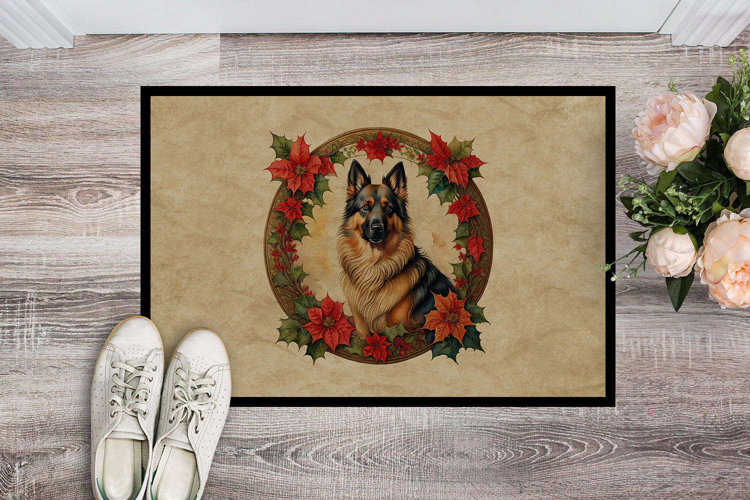 Belgian Tervuren Christmas Flowers Doormat Indoor Outdoor 24H X 36W Front Door Mat Rugs for Entryway, Non Slip Washable Low Pile,