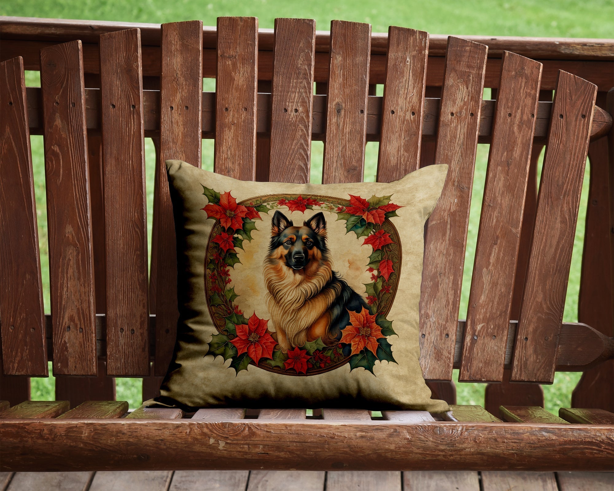 Belgian Tervuren Christmas Flowers Decorative Throw Pillow 14x14 Indoor Outdoor Accent Cushion, Fabric Cover with Insert for Sofa, Bed, Porch & Living Room
