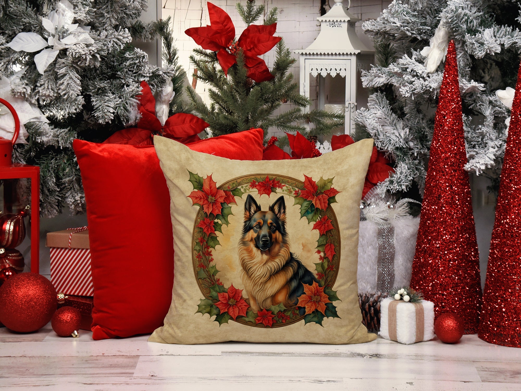 Belgian Tervuren Christmas Flowers Decorative Throw Pillow 18x18 Indoor Outdoor Accent Cushion, Fabric Cover with Insert for Sofa, Bed, Porch & Living Room