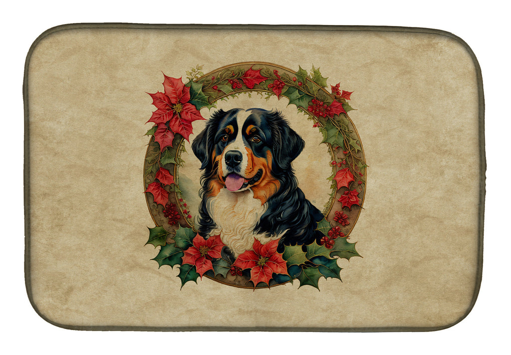 Bernese Mountain Dog Christmas Flowers Dish Drying Mat Absorbent Dish Drying Mat Pad for Kitchen Counter Dish Drainer Mat for Countertop, 14 x 21", Multicolor
