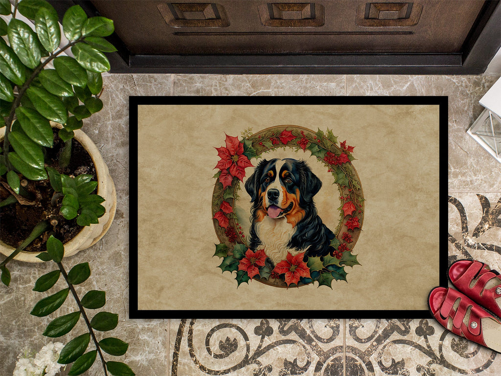 Bernese Mountain Dog Christmas Flowers Doormat Indoor Outdoor 24H X 36W Front Door Mat Rugs for Entryway, Non Slip Washable Low Pile,