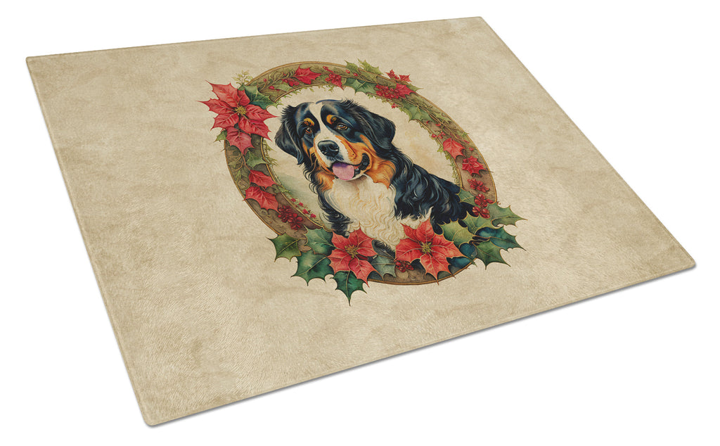 Bernese Mountain Dog Christmas Flowers Cutting Board Tempered Glass Kitchen Cutting Surface, Heat Resistant Chopping, Non-Slip Feet, Food Prep & Serving