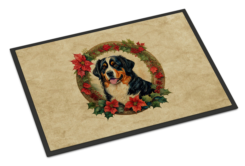 Bernese Mountain Dog Christmas Flowers Doormat Indoor Outdoor 18H X 27W Front Door Mat Rugs for Entryway, Non Slip Washable