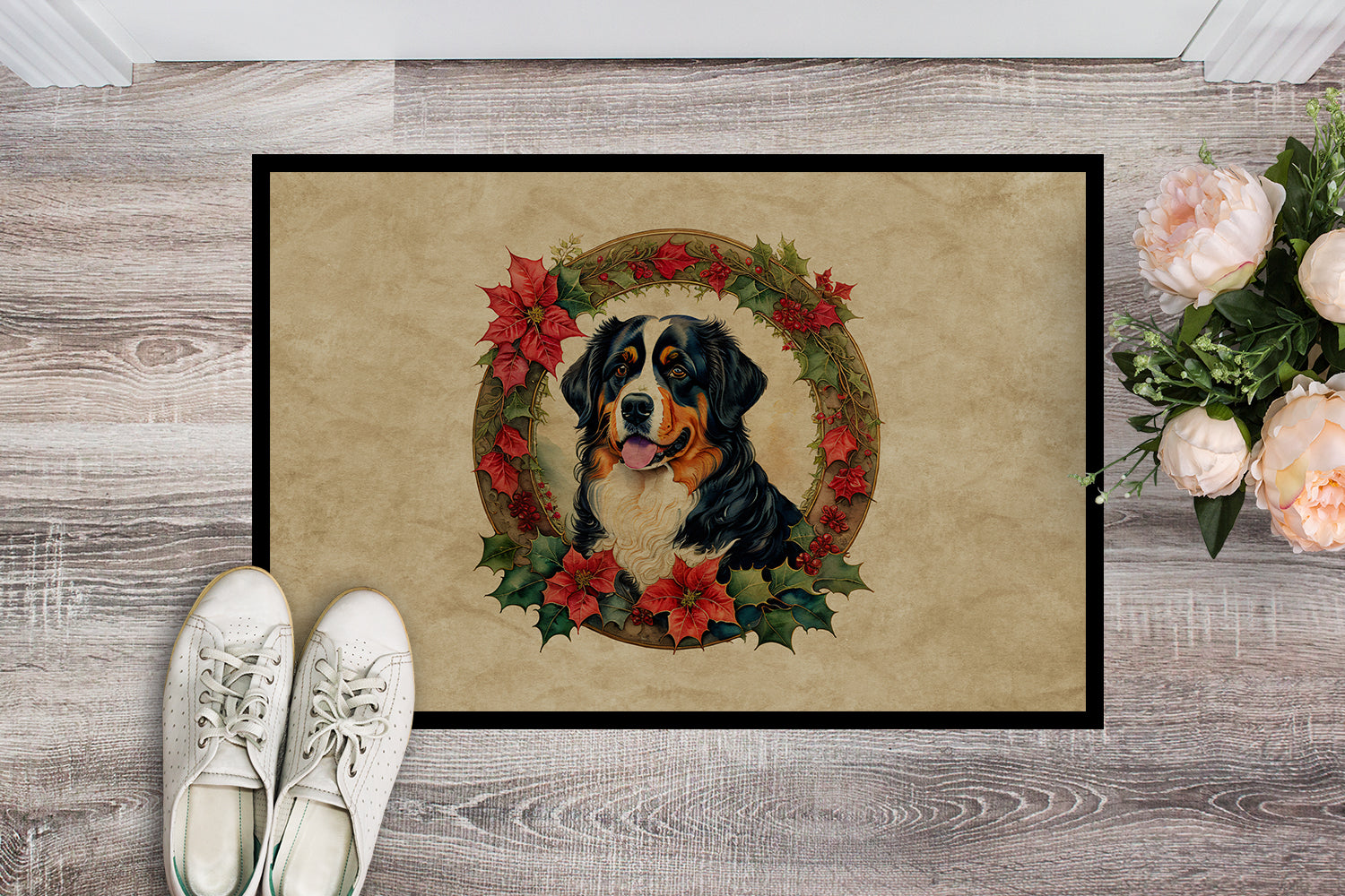 Bernese Mountain Dog Christmas Flowers Doormat Indoor Outdoor 18H X 27W Front Door Mat Rugs for Entryway, Non Slip Washable