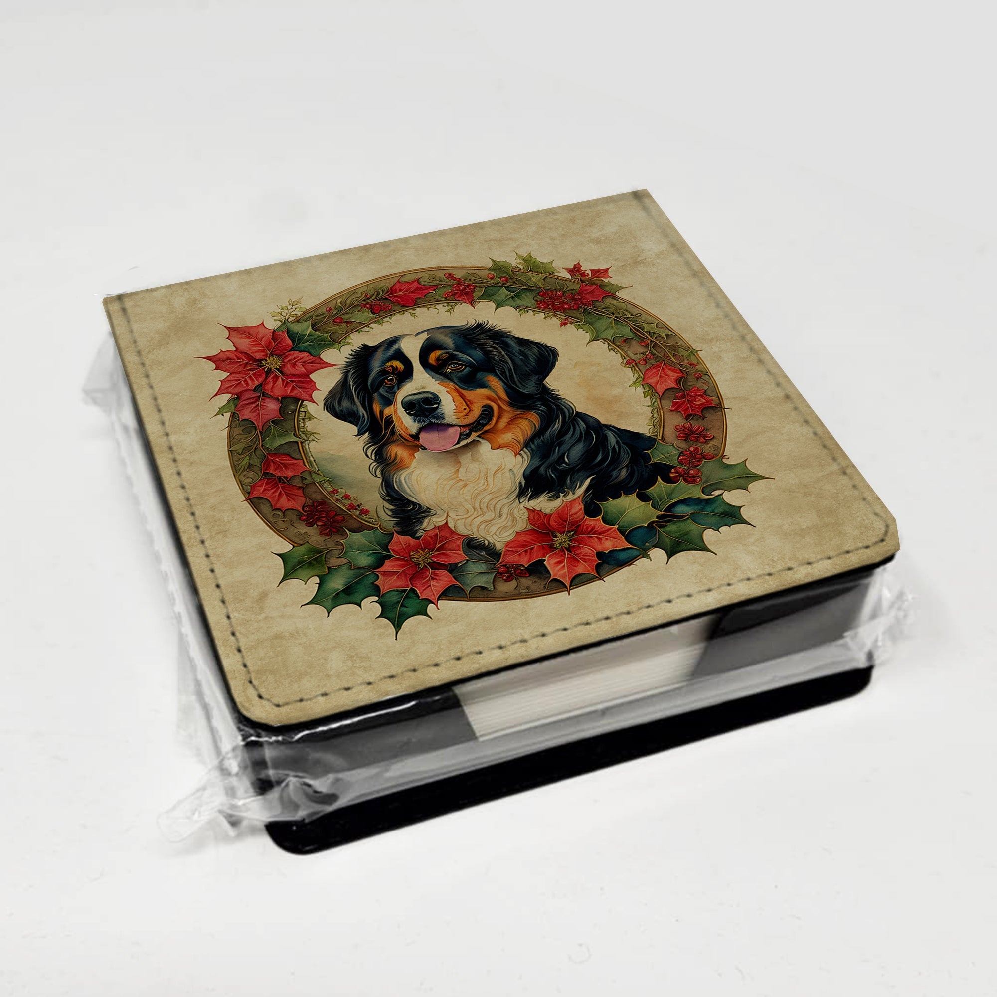 Bernese Mountain Dog Christmas Flowers PU Leather Note Paper Holder with Artist-Designed Cover, Desk Accessory, Office Gift