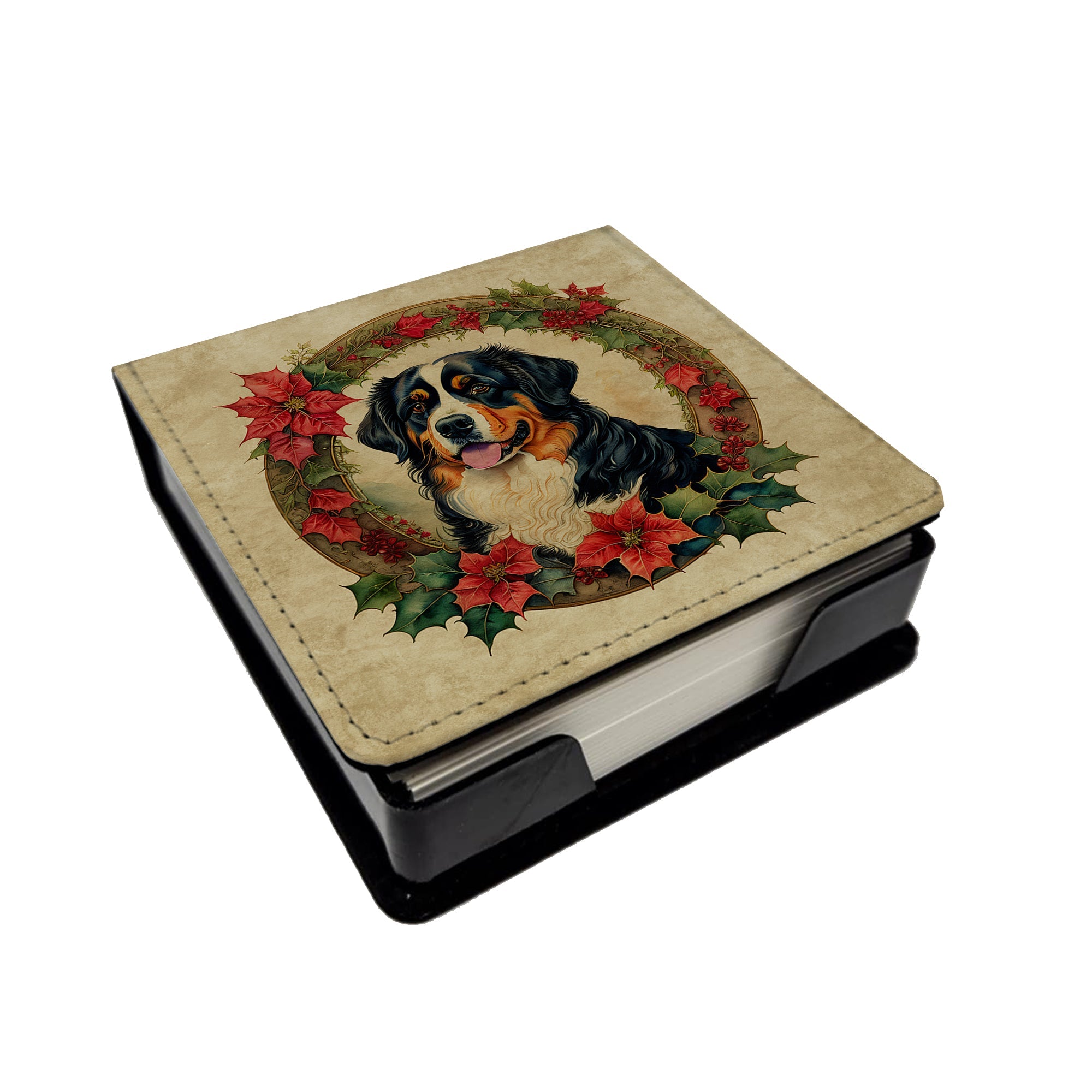 Bernese Mountain Dog Christmas Flowers PU Leather Note Paper Holder with Artist-Designed Cover, Desk Accessory, Office Gift