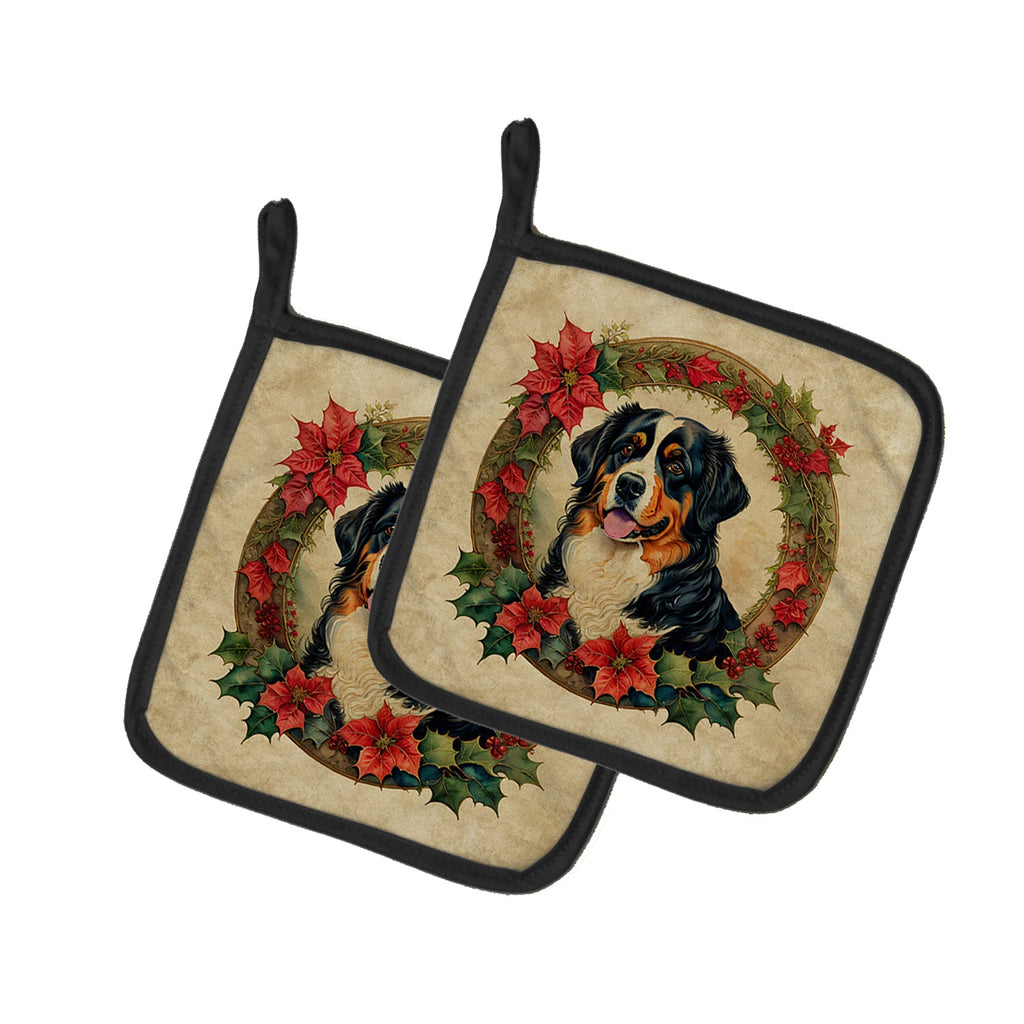 Bernese Mountain Dog Christmas Flowers Pot Holder Set of 2 Heat Resistant Quilted Hot Pads 7.5 x 7.5 Inch, Insulated Kitchen Trivets for Cooking & Baking