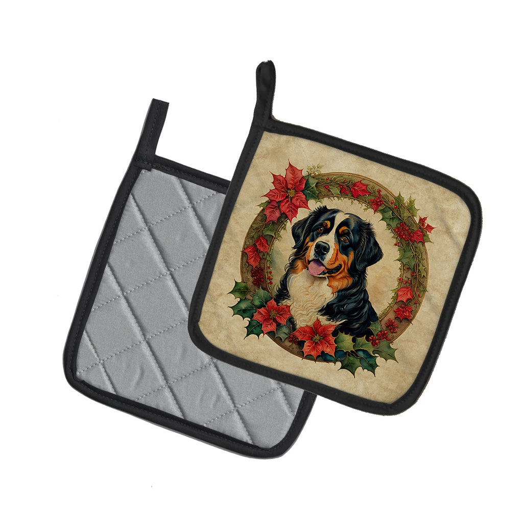 Bernese Mountain Dog Christmas Flowers Pot Holder Set of 2 Heat Resistant Quilted Hot Pads 7.5 x 7.5 Inch, Insulated Kitchen Trivets for Cooking & Baking