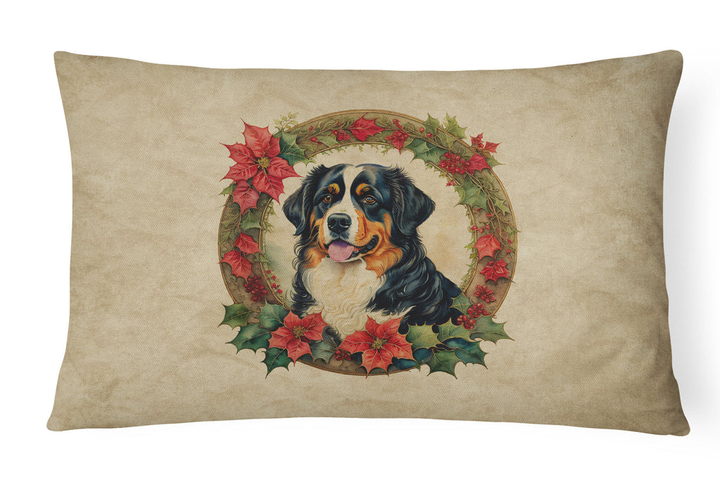 Bernese Mountain Dog Christmas Flowers Decorative Throw Pillow 12x16 Indoor Outdoor Accent Cushion, Fabric Cover with Insert for Sofa, Bed, Porch & Living Room