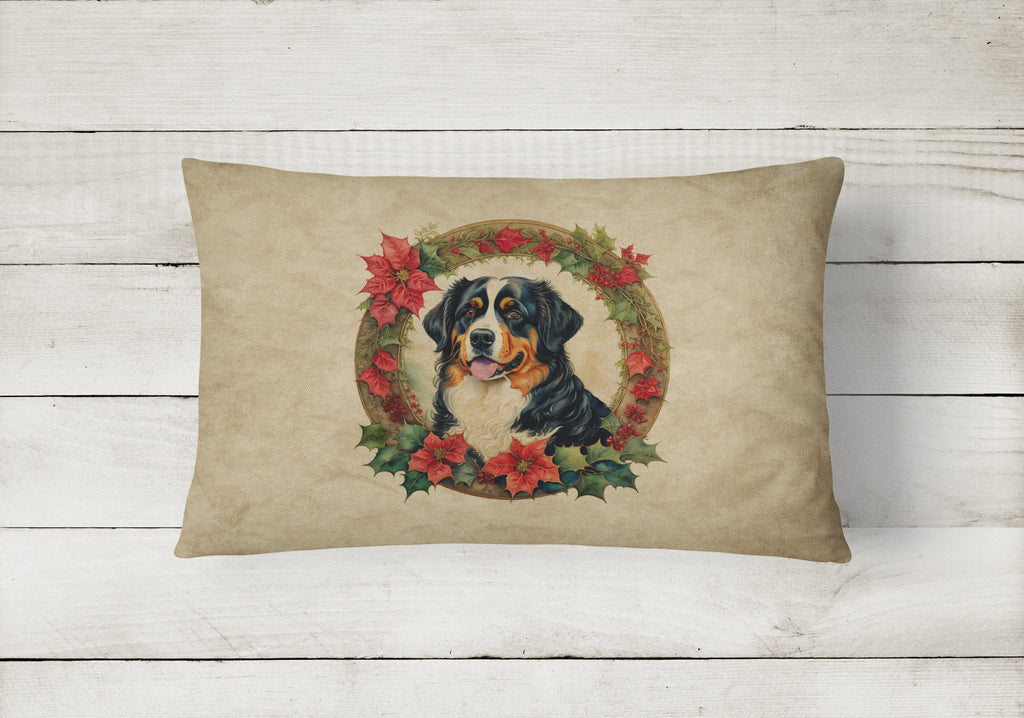 Bernese Mountain Dog Christmas Flowers Decorative Throw Pillow 12x16 Indoor Outdoor Accent Cushion, Fabric Cover with Insert for Sofa, Bed, Porch & Living Room