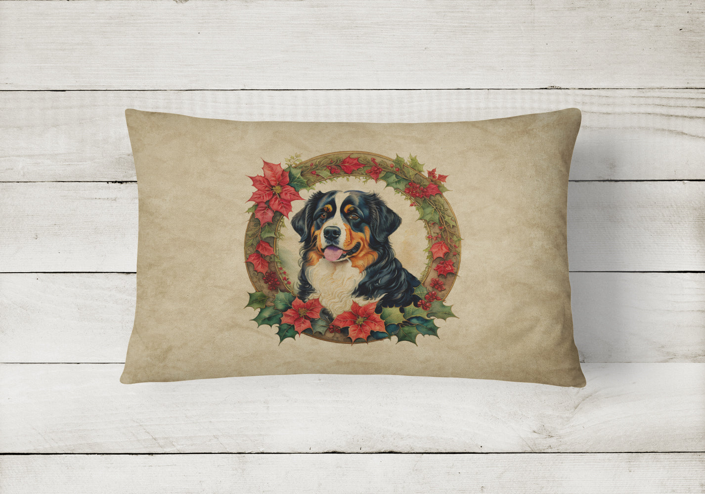 Bernese Mountain Dog Christmas Flowers Decorative Throw Pillow 12x16 Indoor Outdoor Accent Cushion, Fabric Cover with Insert for Sofa, Bed, Porch & Living Room