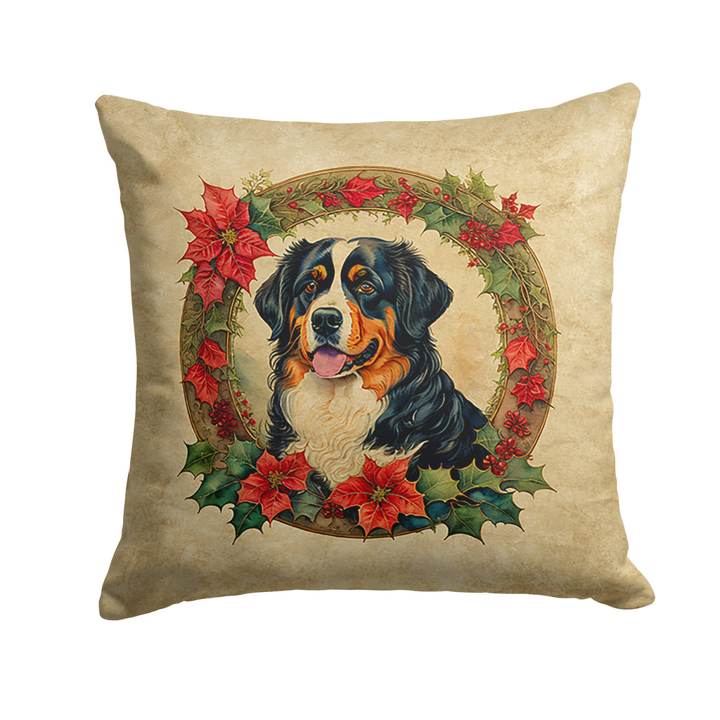 Bernese Mountain Dog Christmas Flowers Decorative Throw Pillow 14x14 Indoor Outdoor Accent Cushion, Fabric Cover with Insert for Sofa, Bed, Porch & Living Room
