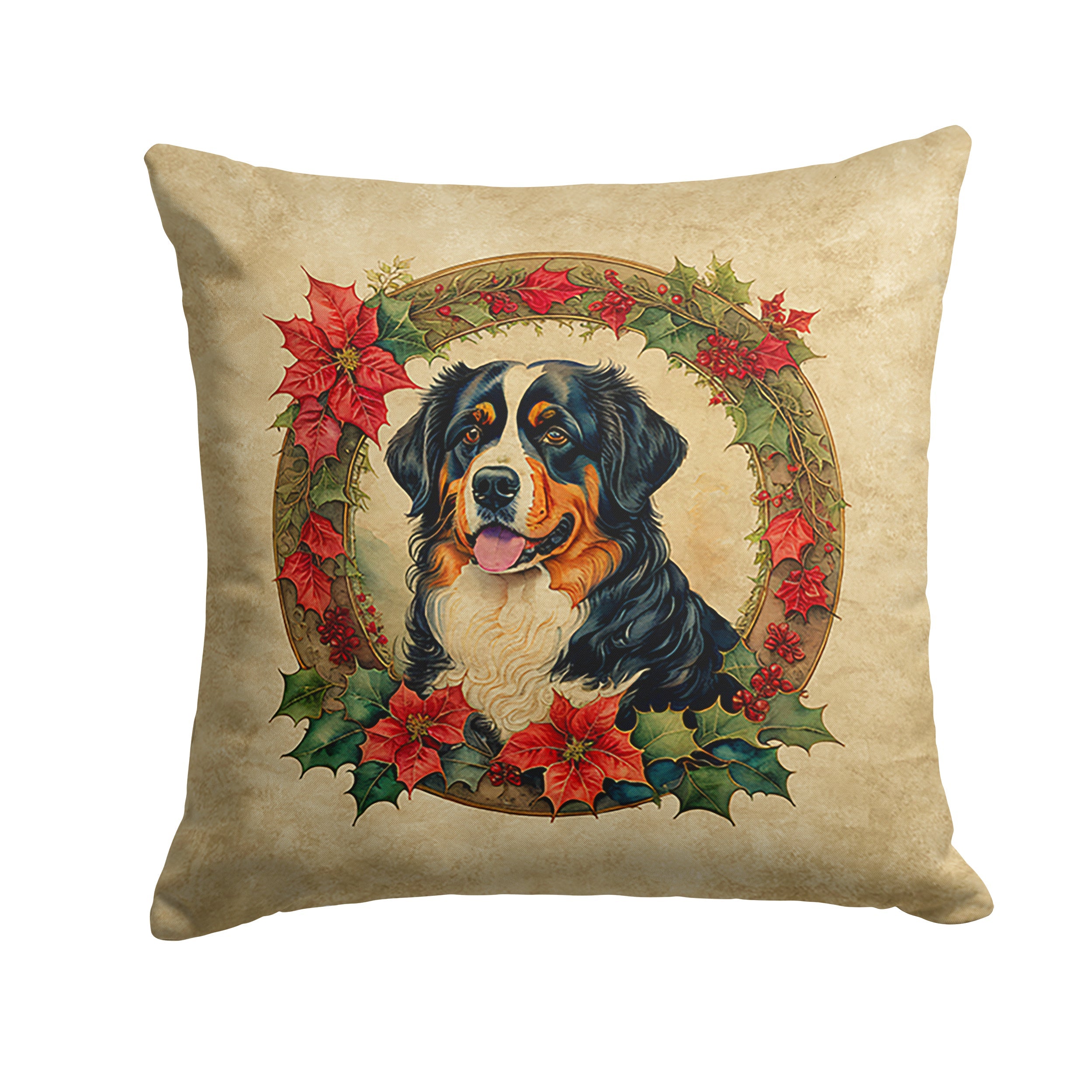 Bernese Mountain Dog Christmas Flowers Decorative Throw Pillow 14x14 Indoor Outdoor Accent Cushion, Fabric Cover with Insert for Sofa, Bed, Porch & Living Room