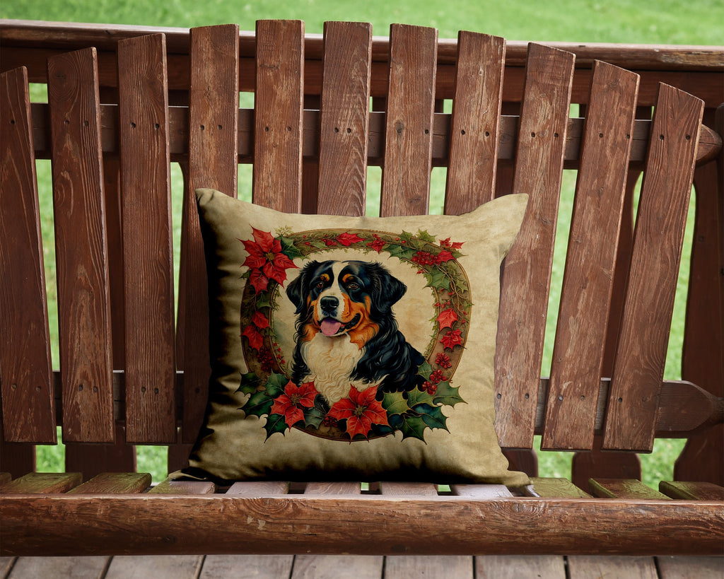 Bernese Mountain Dog Christmas Flowers Decorative Throw Pillow 14x14 Indoor Outdoor Accent Cushion, Fabric Cover with Insert for Sofa, Bed, Porch & Living Room