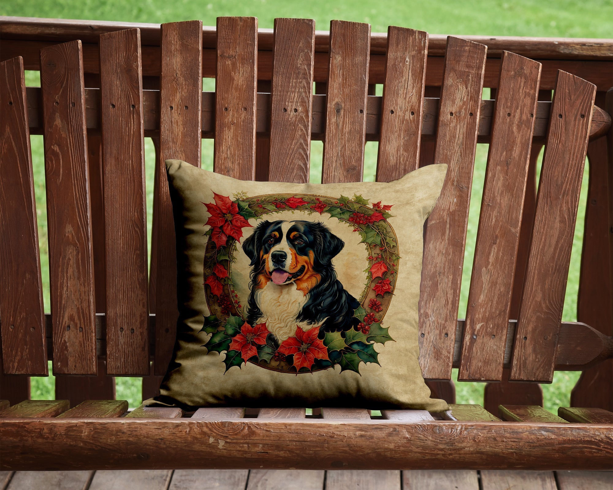 Bernese Mountain Dog Christmas Flowers Decorative Throw Pillow 14x14 Indoor Outdoor Accent Cushion, Fabric Cover with Insert for Sofa, Bed, Porch & Living Room