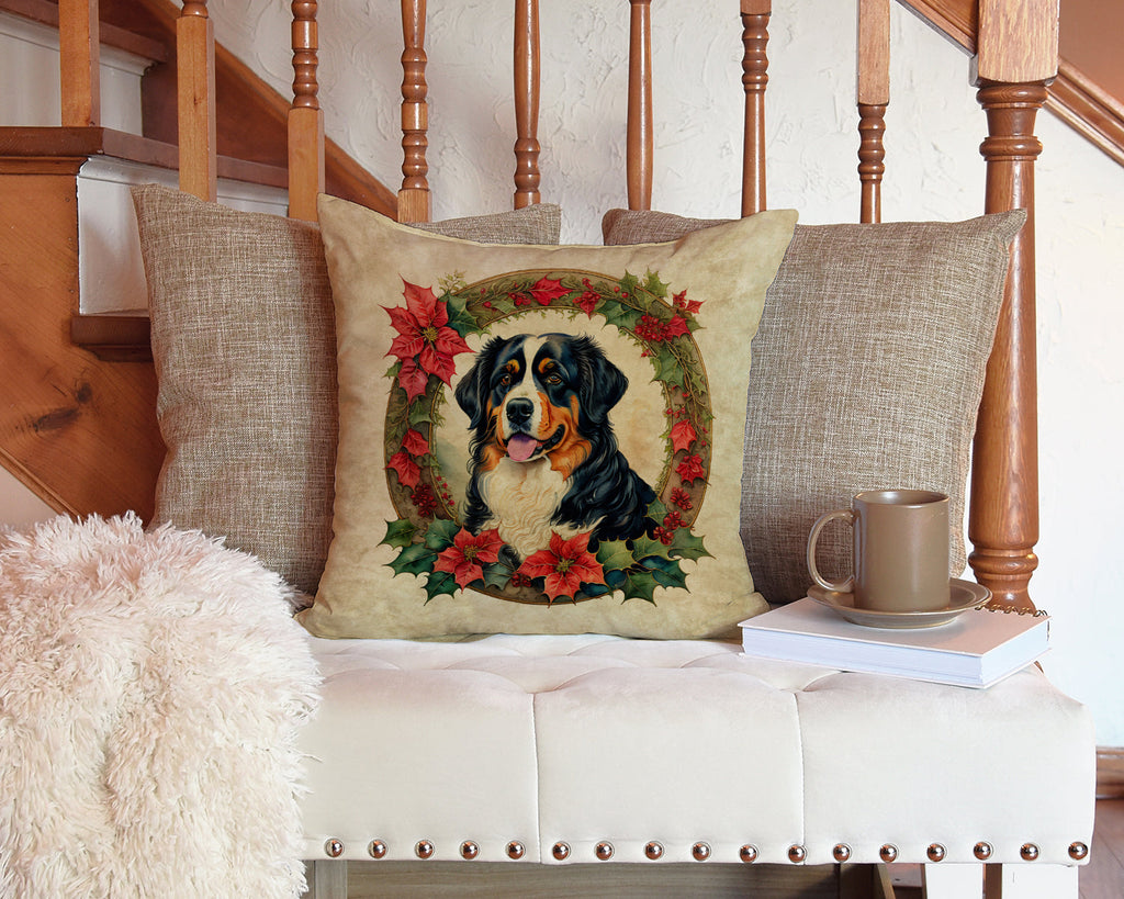 Bernese Mountain Dog Christmas Flowers Decorative Throw Pillow 14x14 Indoor Outdoor Accent Cushion, Fabric Cover with Insert for Sofa, Bed, Porch & Living Room