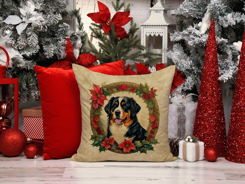 Bernese Mountain Dog Christmas Flowers Decorative Throw Pillow 18x18 Indoor Outdoor Accent Cushion, Fabric Cover with Insert for Sofa, Bed, Porch & Living Room