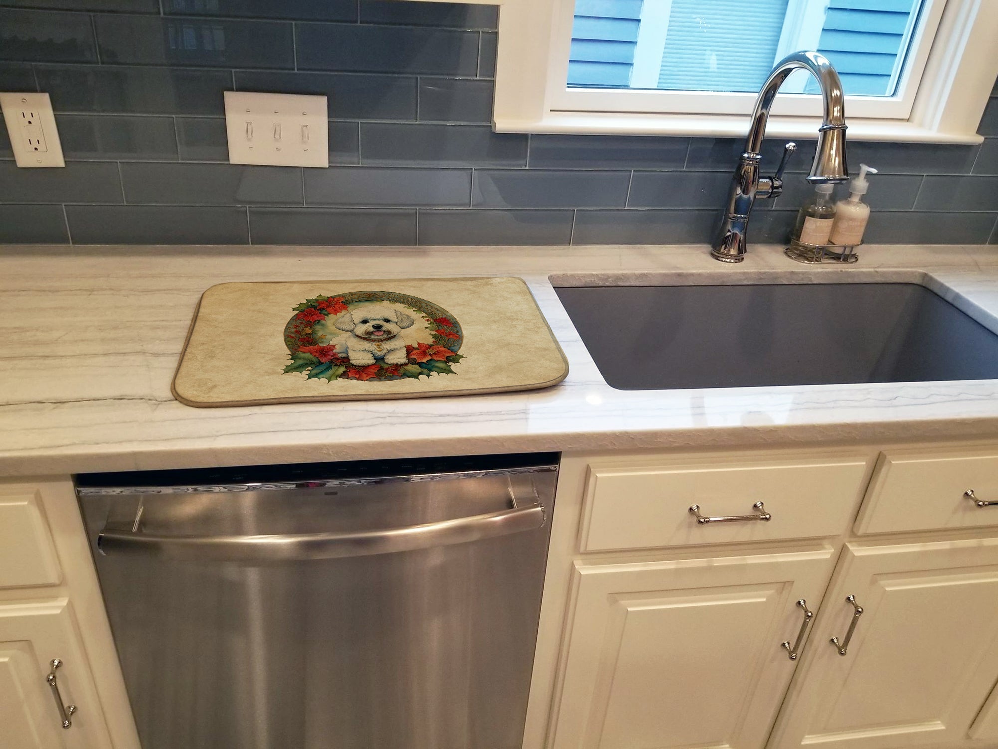 Bichon Frise Christmas Flowers Dish Drying Mat Absorbent Dish Drying Mat Pad for Kitchen Counter Dish Drainer Mat for Countertop, 14 x 21", Multicolor