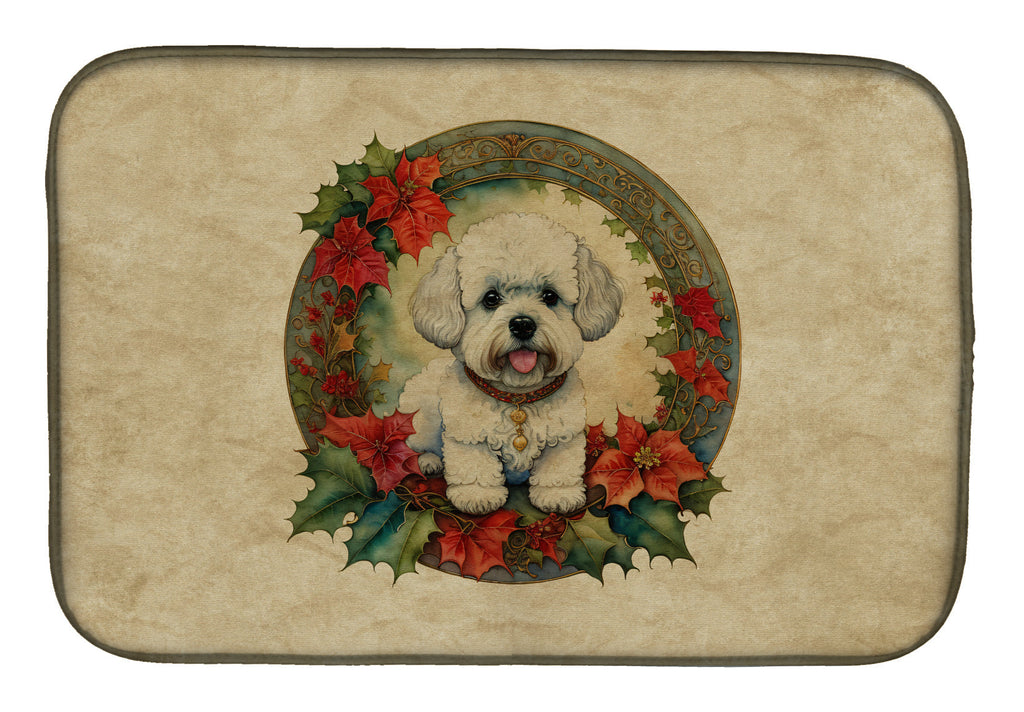 Bichon Frise Christmas Flowers Dish Drying Mat Absorbent Dish Drying Mat Pad for Kitchen Counter Dish Drainer Mat for Countertop, 14 x 21", Multicolor