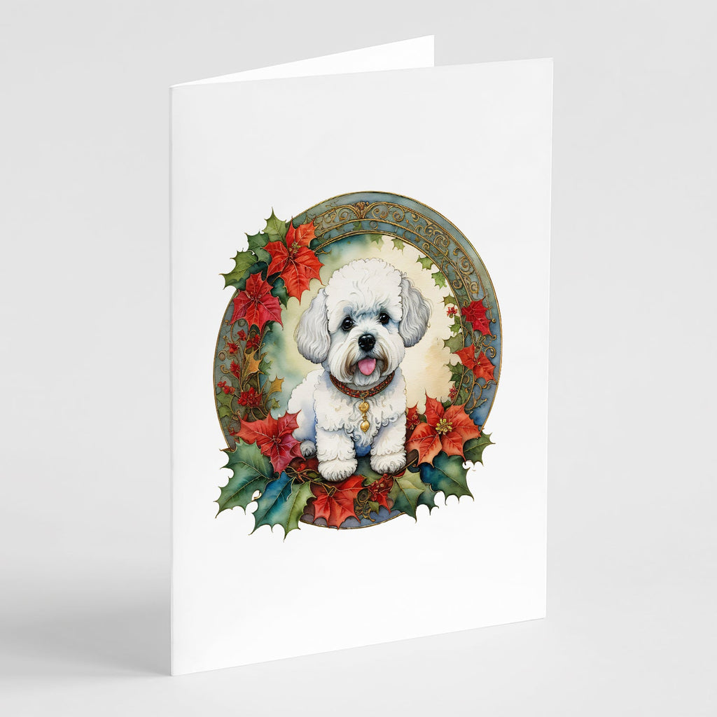 Bichon Frise Christmas Flowers Greeting Cards Pack of 8 Blank Cards with Envelopes Whimsical A7 Size 5x7