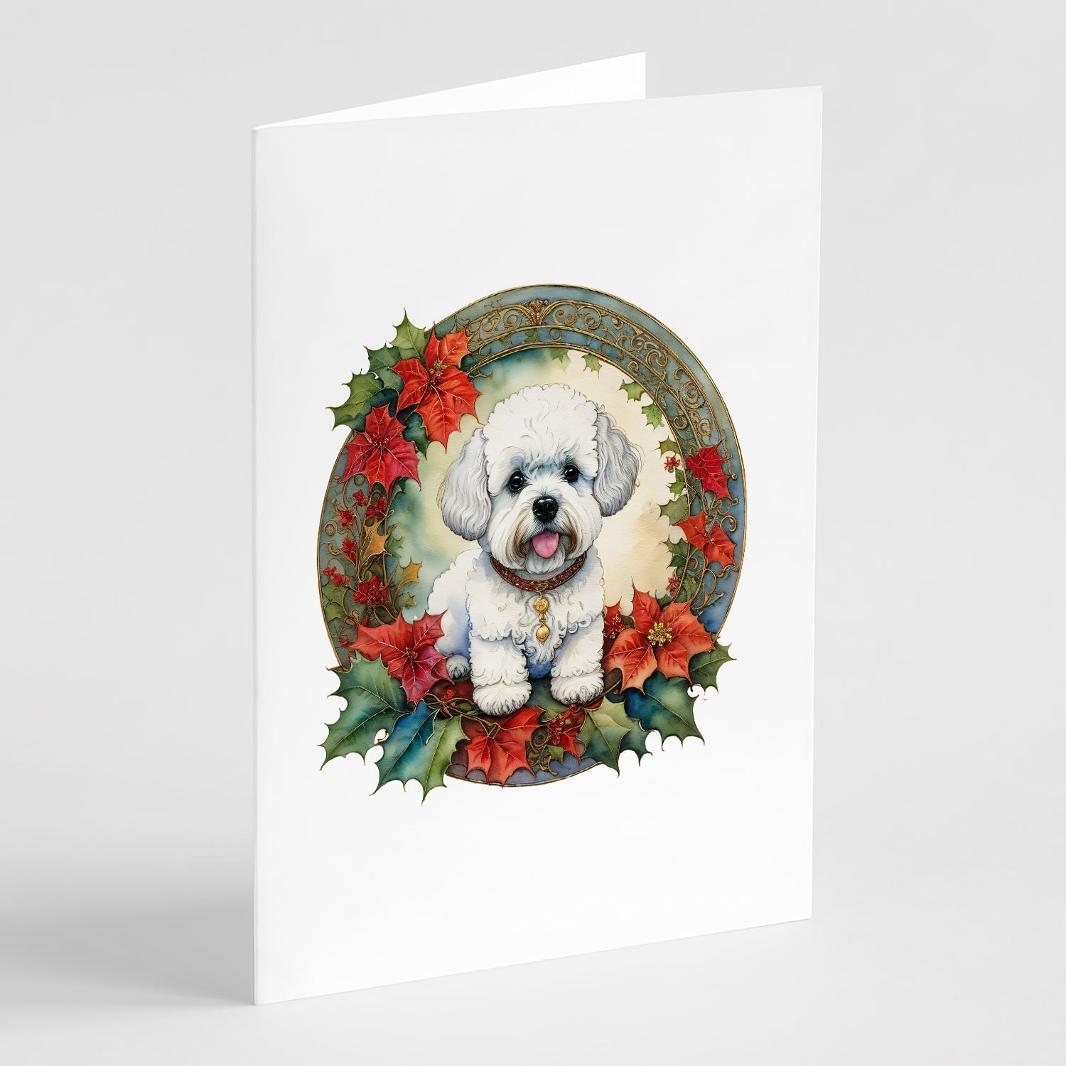Bichon Frise Christmas Flowers Greeting Cards Pack of 8 Blank Cards with Envelopes Whimsical A7 Size 5x7