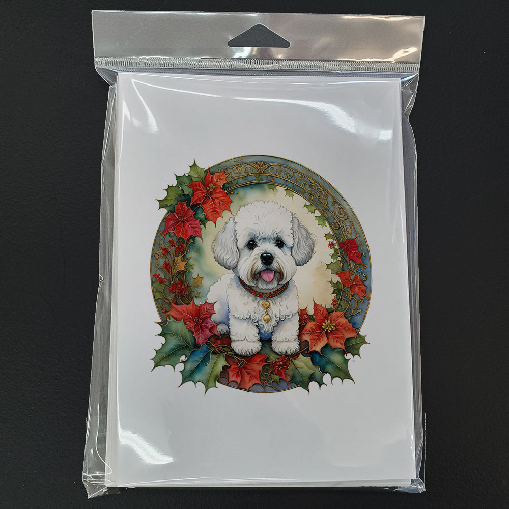 Bichon Frise Christmas Flowers Greeting Cards Pack of 8 Blank Cards with Envelopes Whimsical A7 Size 5x7