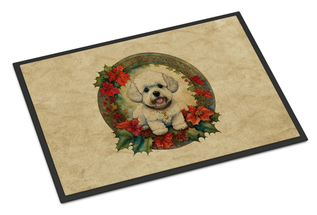 Bichon Frise Christmas Flowers Doormat Indoor Outdoor 24H X 36W Front Door Mat Rugs for Entryway, Non Slip Washable Low Pile,