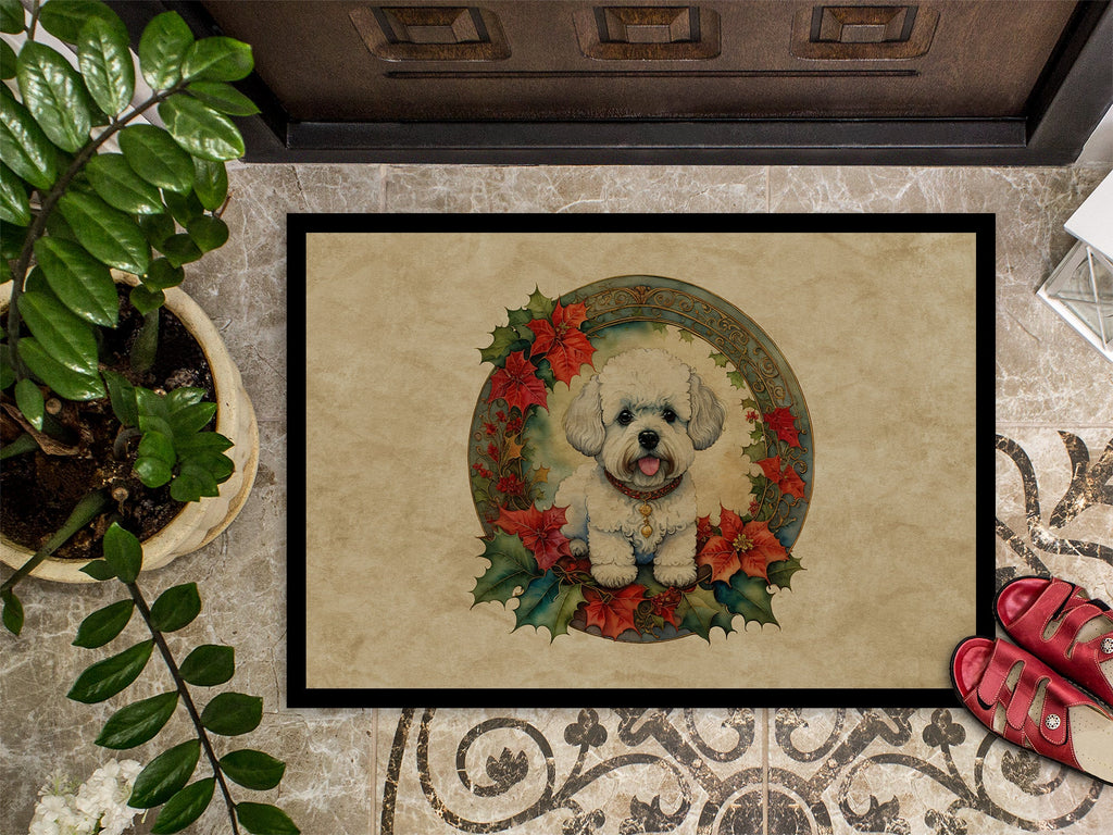 Bichon Frise Christmas Flowers Doormat Indoor Outdoor 24H X 36W Front Door Mat Rugs for Entryway, Non Slip Washable Low Pile,
